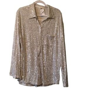 POL Silver Sequin Button Down Shirt Long Sleeve  Large